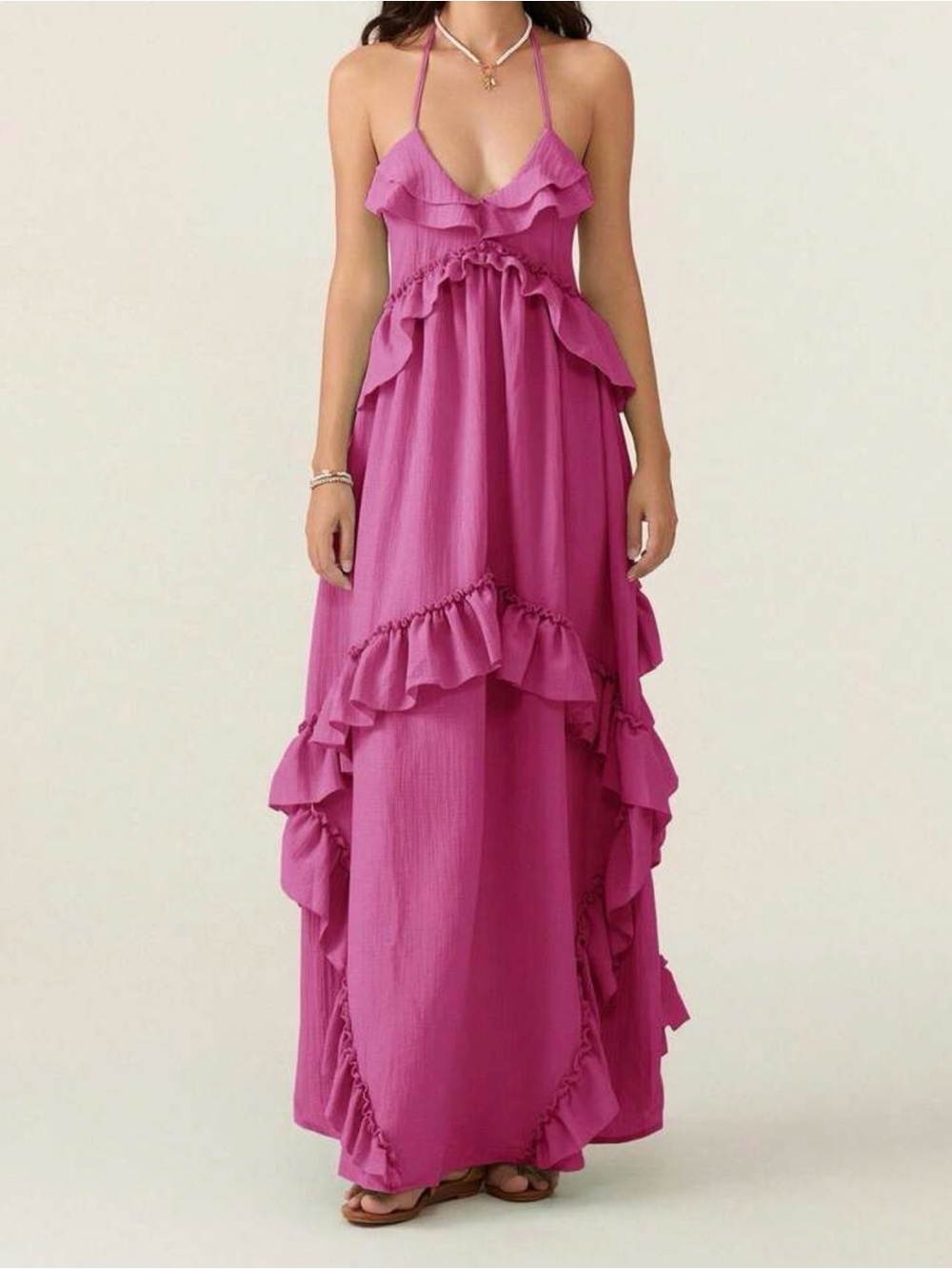 Rosa Clothing Halter Tie Neck Maxi Dress Tiered Billowy Ruffles Medium New